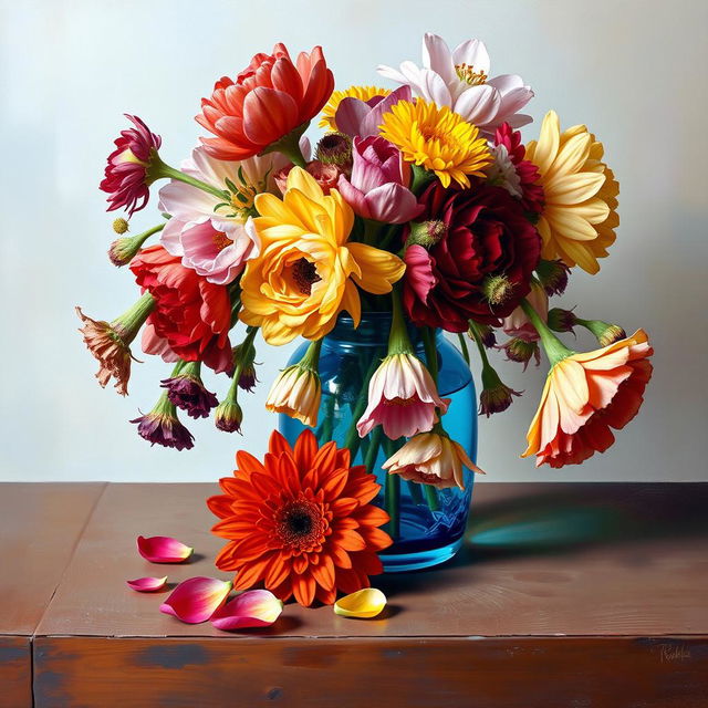 An elegant oil painting depicting a vibrant arrangement of assorted flowers in a beautiful blue glass vase