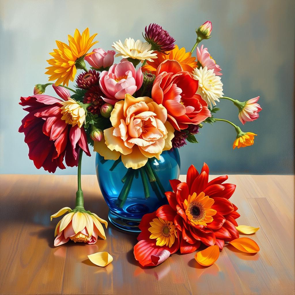 An elegant oil painting depicting a vibrant arrangement of assorted flowers in a beautiful blue glass vase