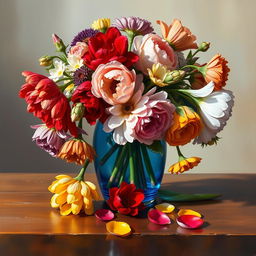 An elegant oil painting depicting a vibrant arrangement of assorted flowers in a beautiful blue glass vase