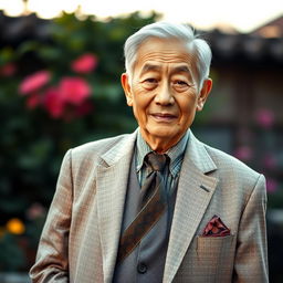 A sympathetic portrayal of an elderly man, the grandfather of a young adult, dressed in traditional attire reminiscent of their shared cultural background