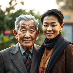 A sympathetic portrayal of an elderly man, the grandfather of a young adult, dressed in traditional attire reminiscent of their shared cultural background
