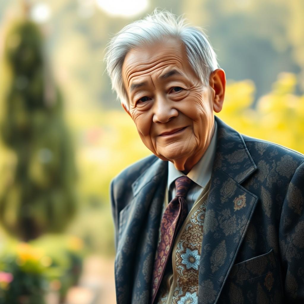 A sympathetic portrayal of an elderly man, the grandfather of a young adult, dressed in traditional attire reminiscent of their shared cultural background