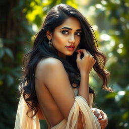 A stunning artistic interpretation of a beautiful woman reminiscent of Nayanthara, posed gracefully in an elegant, natural setting