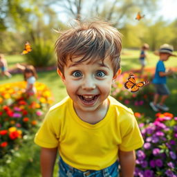 A young boy with wide eyes and a big smile, showcasing a look of shock and happiness