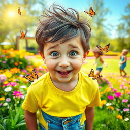 A young boy with wide eyes and a big smile, showcasing a look of shock and happiness