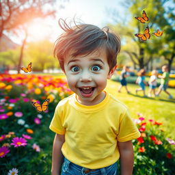 A young boy with wide eyes and a big smile, showcasing a look of shock and happiness