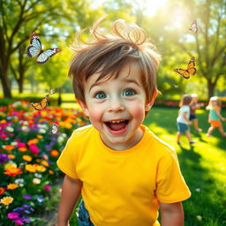 A young boy with wide eyes and a big smile, showcasing a look of shock and happiness