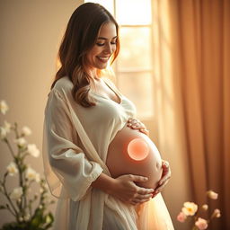A beautifully artistic representation of a pregnant woman gently cradling her belly, symbolizing the development of a 9-week fetus