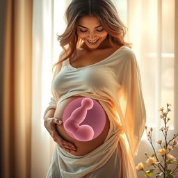 A beautifully artistic representation of a pregnant woman gently cradling her belly, symbolizing the development of a 9-week fetus