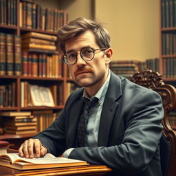 A portrait of James Holmes as a literary theorist, depicted in an academic setting filled with books and manuscripts