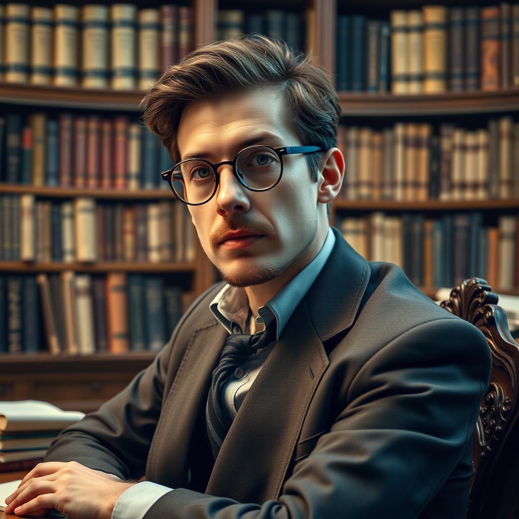 A portrait of James Holmes as a literary theorist, depicted in an academic setting filled with books and manuscripts