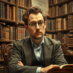 A portrait of James Holmes as a literary theorist, depicted in an academic setting filled with books and manuscripts