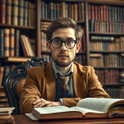 A portrait of James Holmes as a literary theorist, depicted in an academic setting filled with books and manuscripts