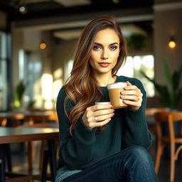 A beautiful woman sitting elegantly in a cozy coffee shop, enjoying a latte