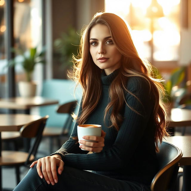 A beautiful woman sitting elegantly in a cozy coffee shop, enjoying a latte