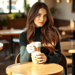 A beautiful woman sitting elegantly in a cozy coffee shop, enjoying a latte
