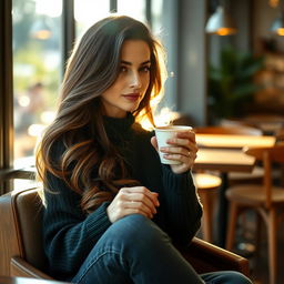 A beautiful woman sitting elegantly in a cozy coffee shop, enjoying a latte