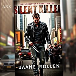 A dramatic book cover featuring a rugged man walking through the bustling streets of New York City, holding a knife, dressed in a dark leather jacket and jeans