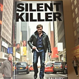 A dramatic book cover featuring a rugged man walking through the bustling streets of New York City, holding a knife, dressed in a dark leather jacket and jeans