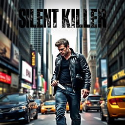 A dramatic book cover featuring a rugged man walking through the bustling streets of New York City, holding a knife, dressed in a dark leather jacket and jeans