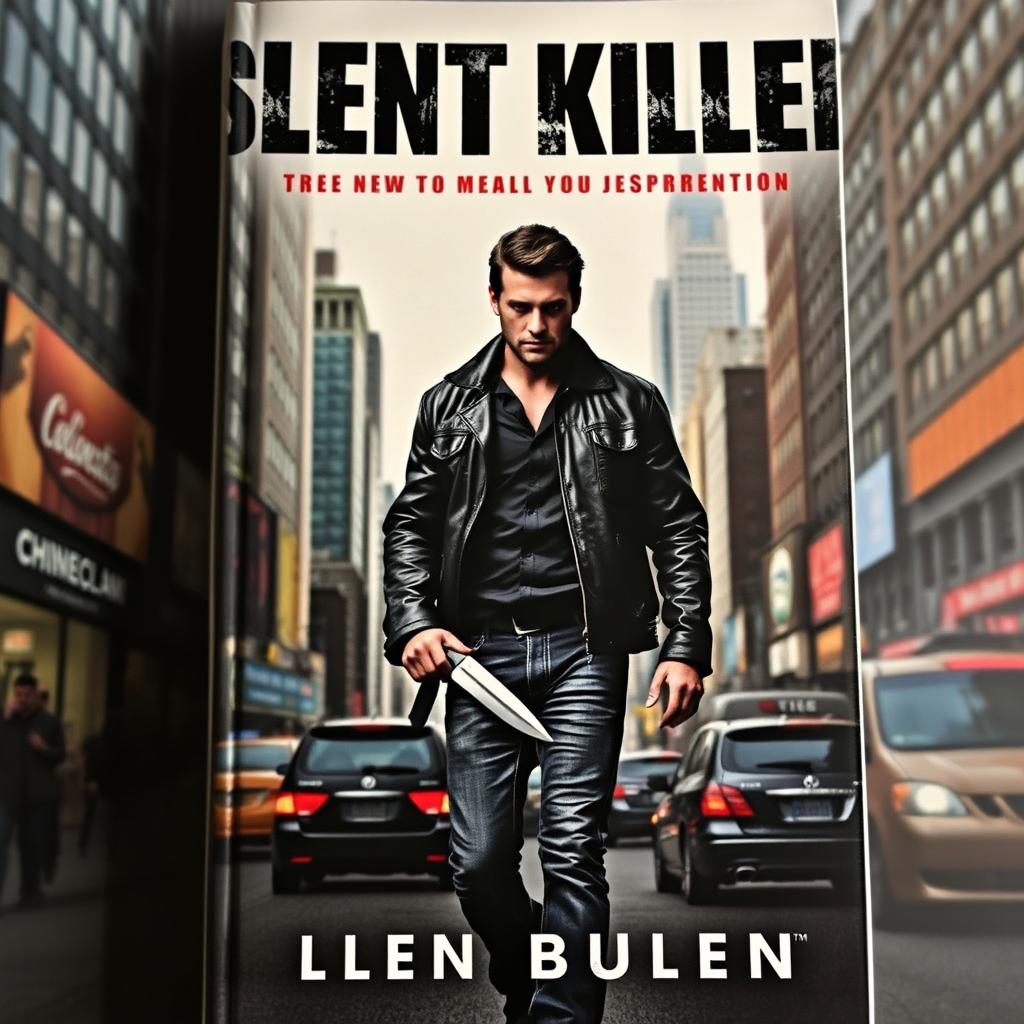 A dramatic book cover featuring a rugged man walking through the bustling streets of New York City, holding a knife, dressed in a dark leather jacket and jeans