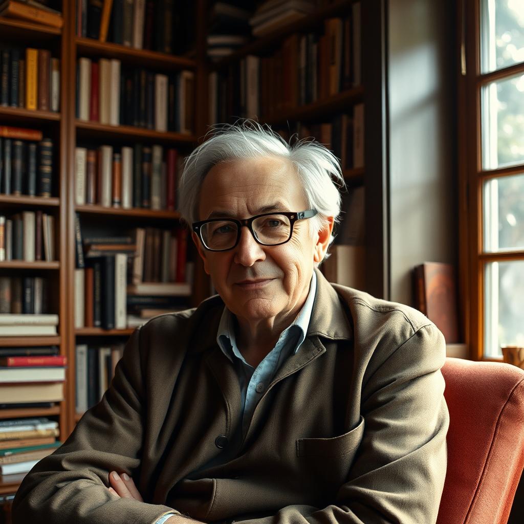 A portrait of Roland Barthes, the French literary theorist, depicted in a thoughtful and contemplative pose