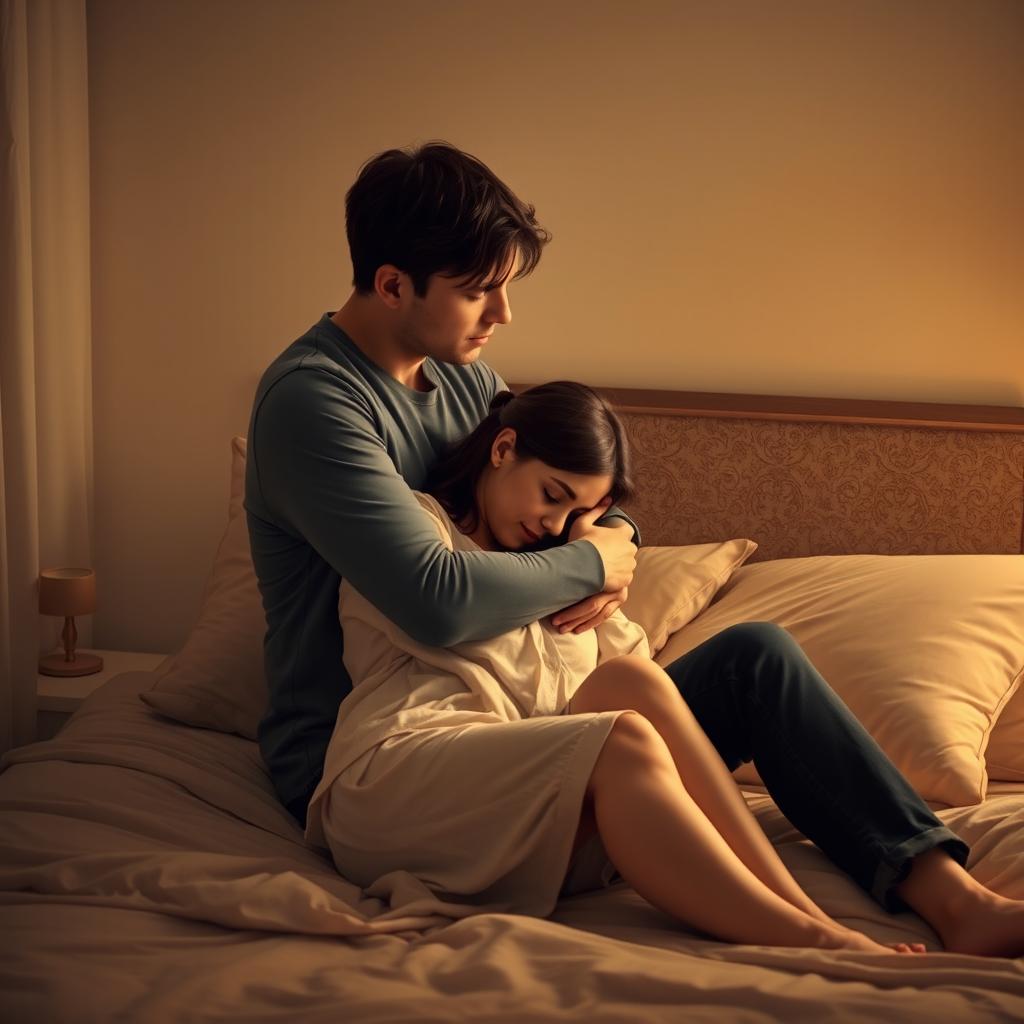 A romantic and intimate scene depicting a couple sitting on a bed