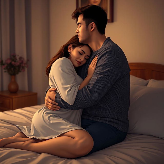 A romantic and intimate scene depicting a couple sitting on a bed