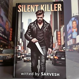 A dramatic book cover featuring a rugged man walking through the bustling streets of New York City, holding a knife in a menacing yet stylish manner