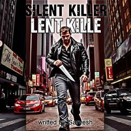 A dramatic book cover featuring a rugged man walking through the bustling streets of New York City, holding a knife in a menacing yet stylish manner
