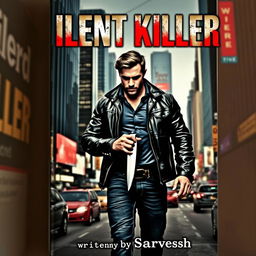 A dramatic book cover featuring a rugged man walking through the bustling streets of New York City, holding a knife in a menacing yet stylish manner