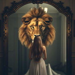 A woman standing in front of a large antique mirror, gazing intently at her reflection, where instead of her own face, a majestic lion's face appears, merging seamlessly with hers
