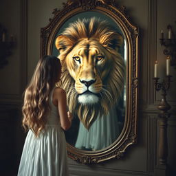 A woman standing in front of a large antique mirror, gazing intently at her reflection, where instead of her own face, a majestic lion's face appears, merging seamlessly with hers