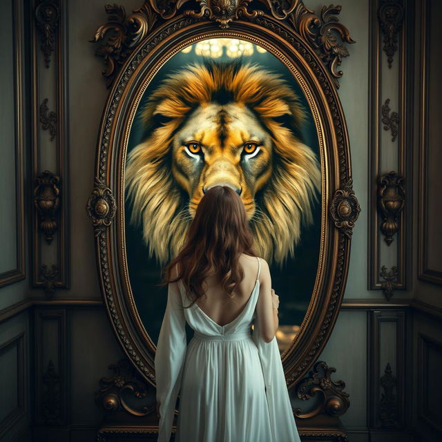A woman standing in front of a large antique mirror, gazing intently at her reflection, where instead of her own face, a majestic lion's face appears, merging seamlessly with hers