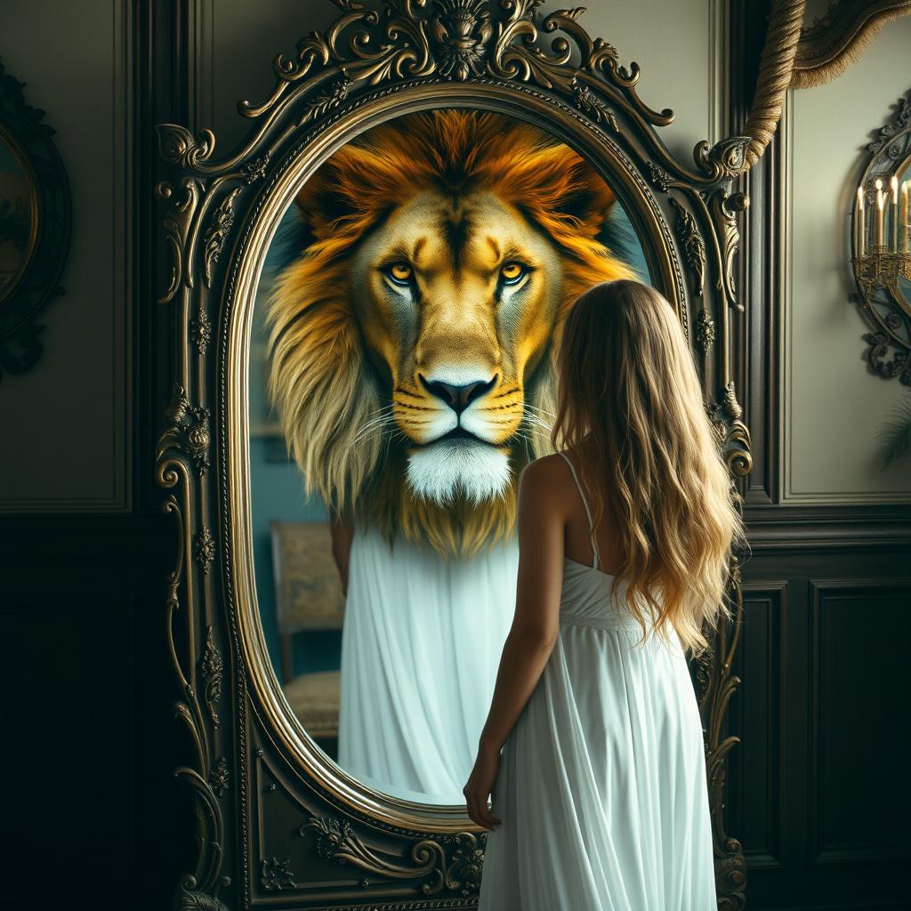 A woman standing in front of a large antique mirror, gazing intently at her reflection, where instead of her own face, a majestic lion's face appears, merging seamlessly with hers