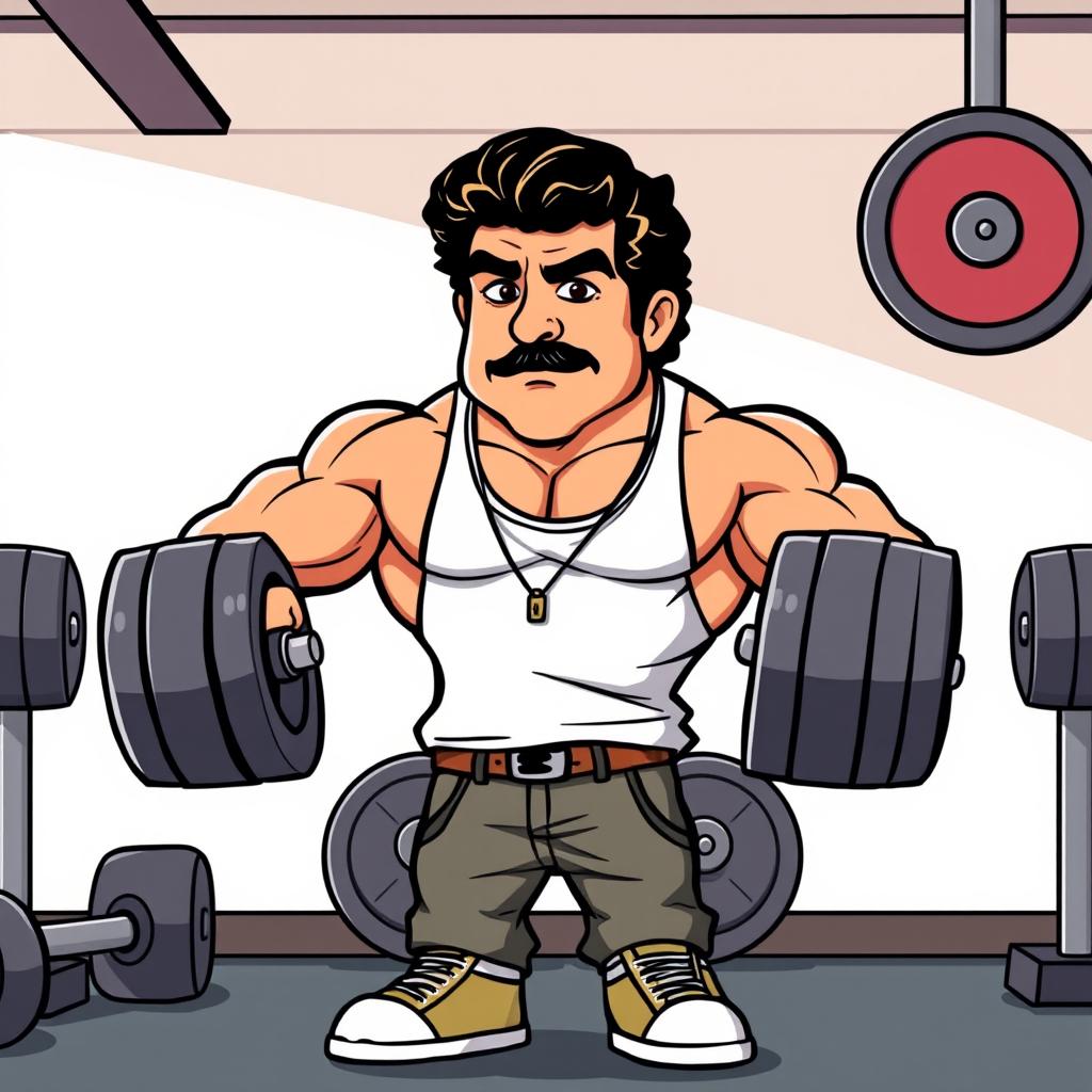 A simple yet striking illustration of Pablo Escobar, depicted as a muscular figure lifting weights