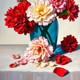 An exquisite oil painting featuring a vibrant arrangement of carnation flowers in a striking blue glass vase