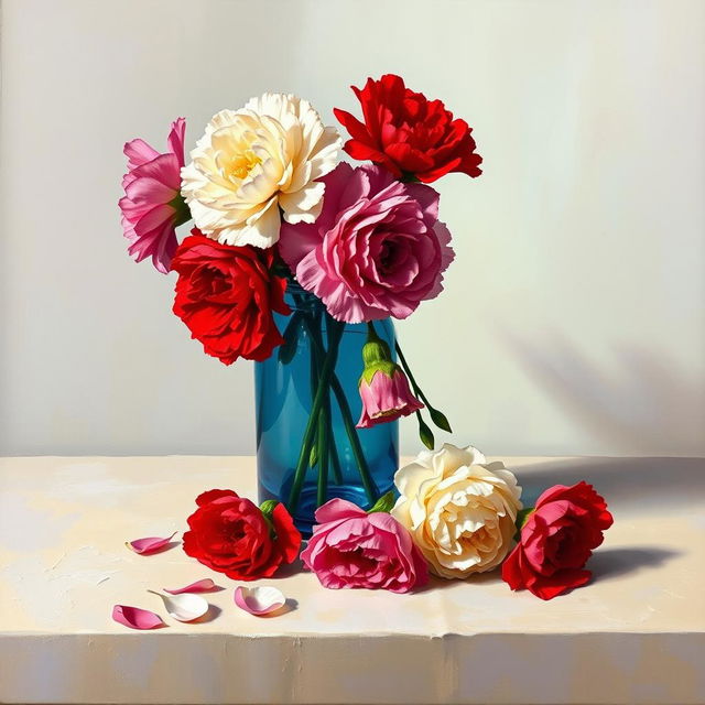 An exquisite oil painting featuring a vibrant arrangement of carnation flowers in a striking blue glass vase