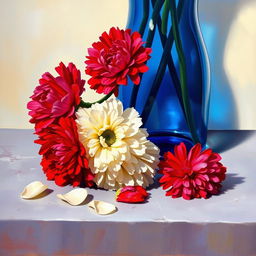 An exquisite oil painting featuring a vibrant arrangement of carnation flowers in a striking blue glass vase