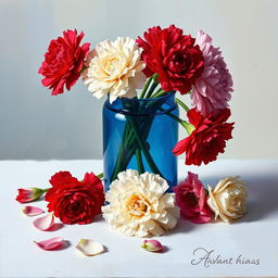 An exquisite oil painting featuring a vibrant arrangement of carnation flowers in a striking blue glass vase