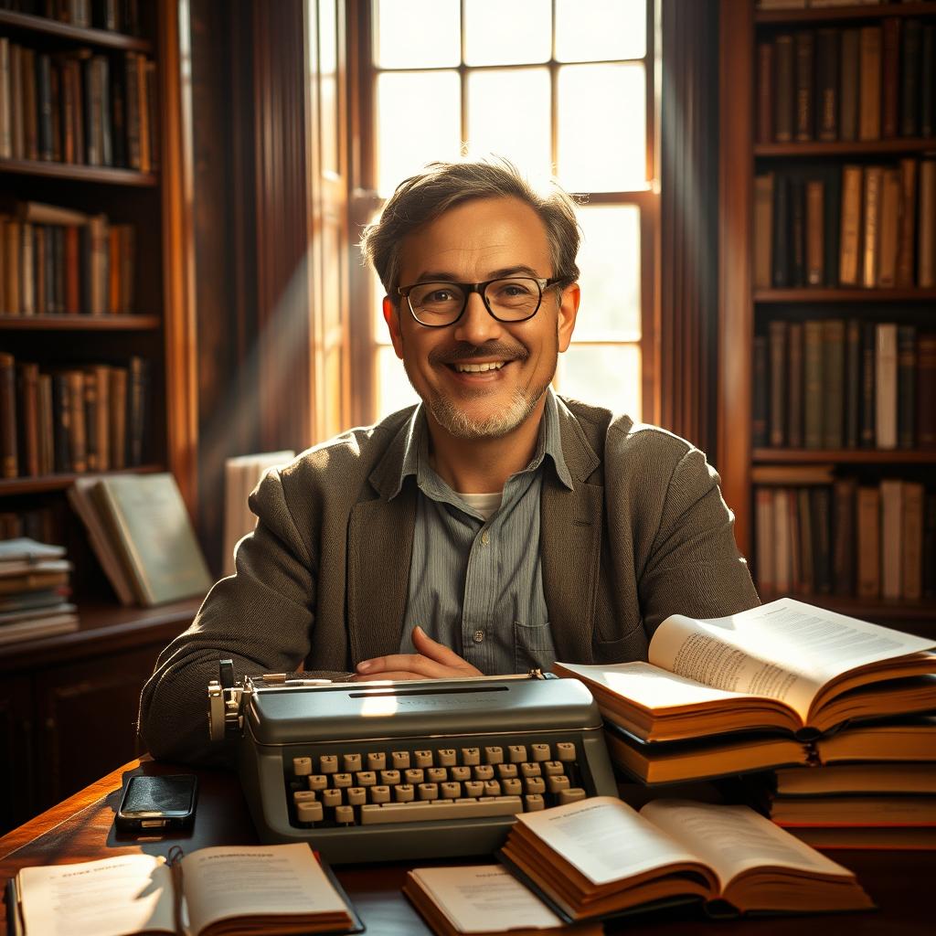 A portrait of a man named Jerry Levy, an elegant and charismatic translator, depicted in a cozy library setting