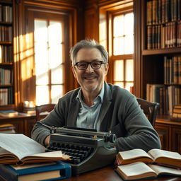 A portrait of a man named Jerry Levy, an elegant and charismatic translator, depicted in a cozy library setting