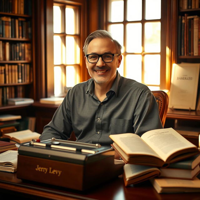 A portrait of a man named Jerry Levy, an elegant and charismatic translator, depicted in a cozy library setting