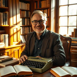 A portrait of a man named Jerry Levy, an elegant and charismatic translator, depicted in a cozy library setting
