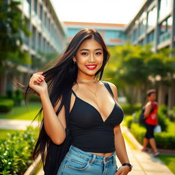 A beautiful Indonesian university student with a striking appearance, featuring large breasts