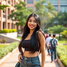 A beautiful Indonesian university student with a striking appearance, featuring large breasts