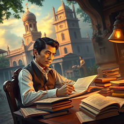 An artistic interpretation of José Rizal's most notable works including "Noli Me Tangere" and "El Filibusterismo"