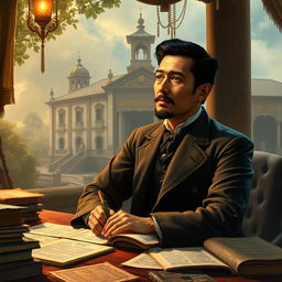 An artistic interpretation of José Rizal's most notable works including "Noli Me Tangere" and "El Filibusterismo"