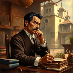 An artistic interpretation of José Rizal's most notable works including "Noli Me Tangere" and "El Filibusterismo"
