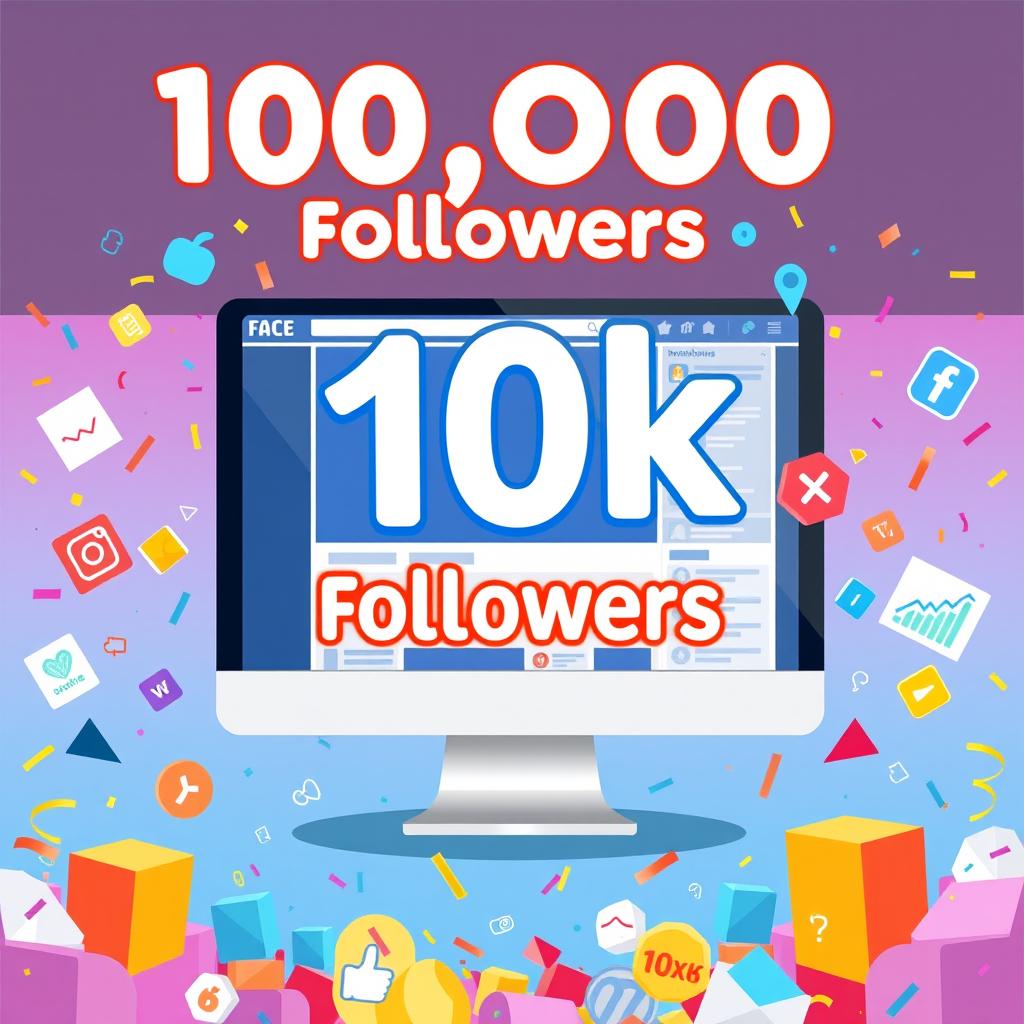 A vibrant and eye-catching graphic showcasing a Facebook page with 10,000 followers